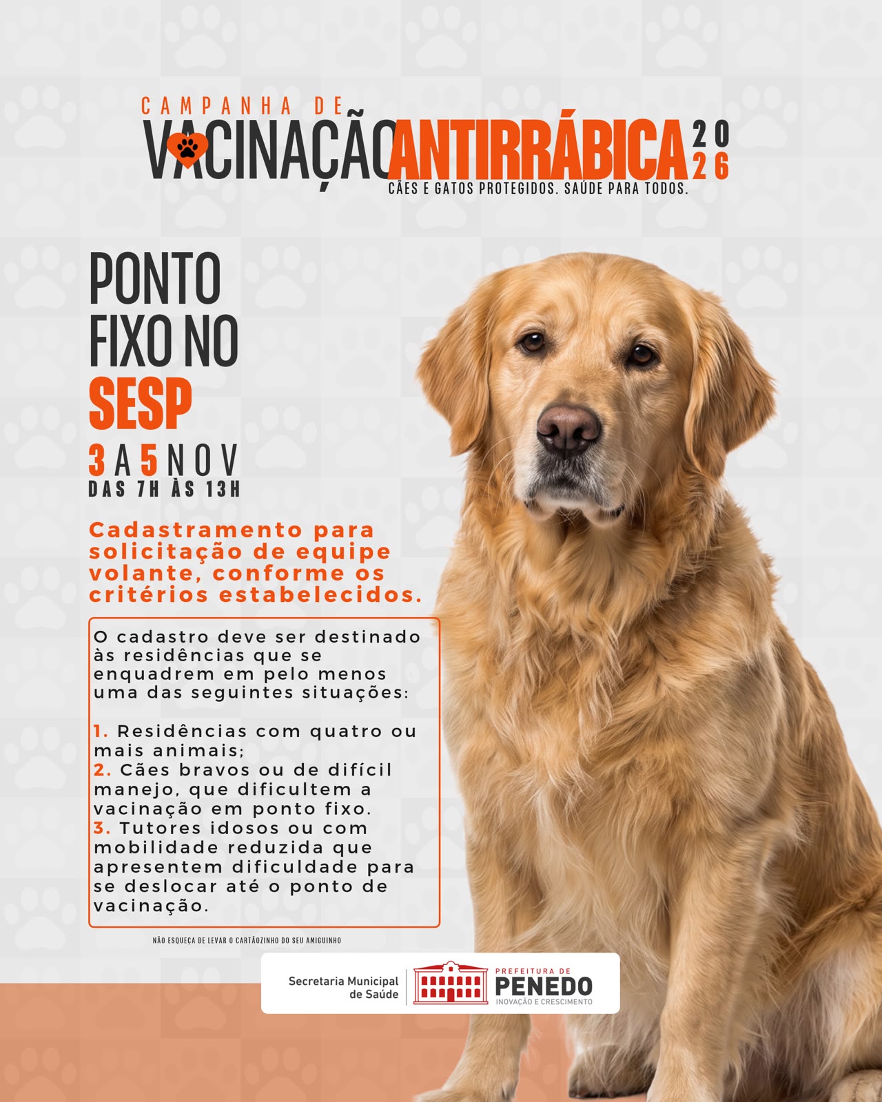 Arte oficial: vacinação no SESP, de 3 a 5 de novembro, das 7h às 13h, com critérios para cadastramento da equipe volante